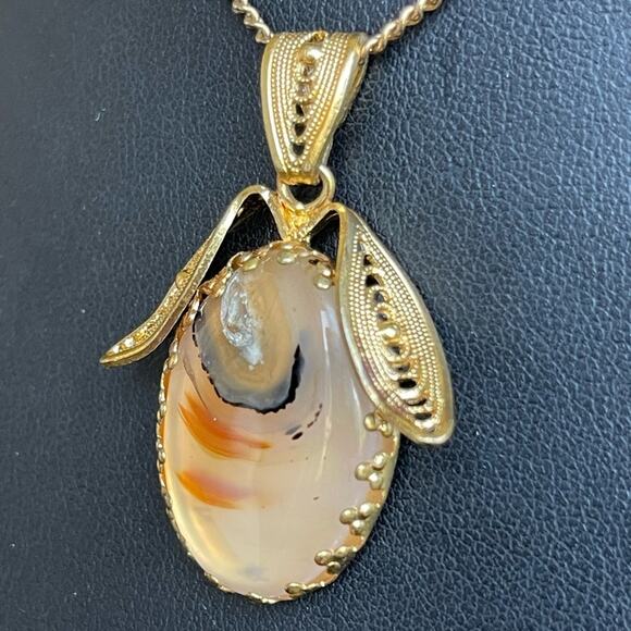 Vintage Montana Agate Pendant Necklace Gold Tone Filigree OOAK Unusual 24”L - Picture 3 of 8